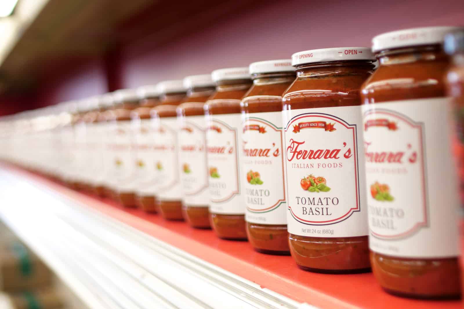 Ferrara's Tomato Basil sauce on shelf