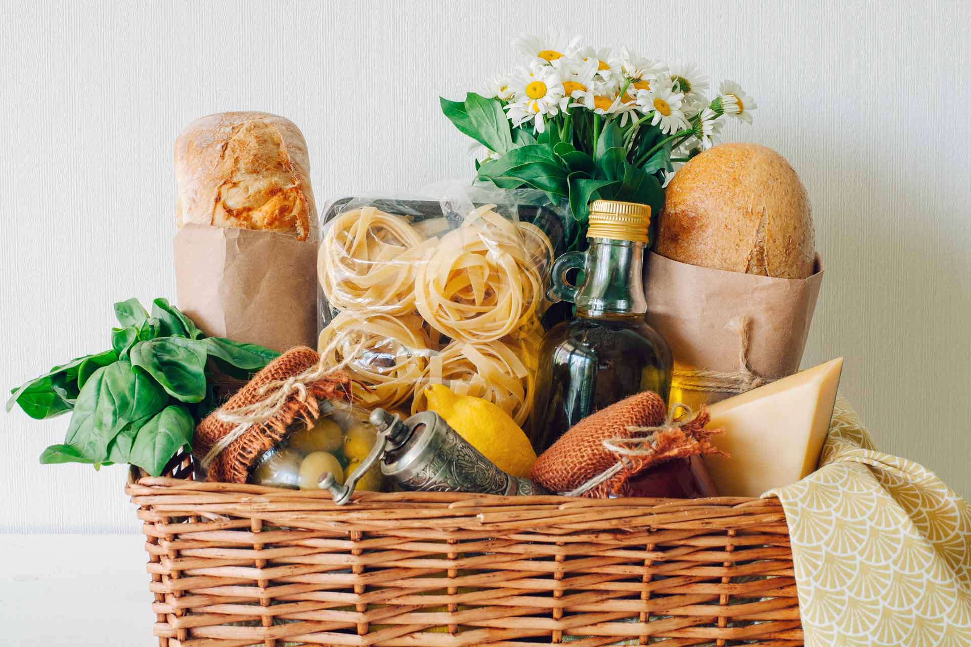 gift basket filled with Italian food
